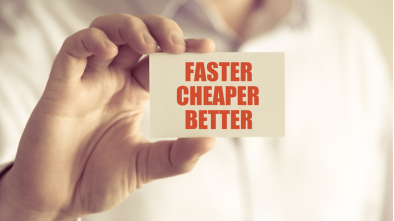 Man holding sign "faster, cheaper, better"