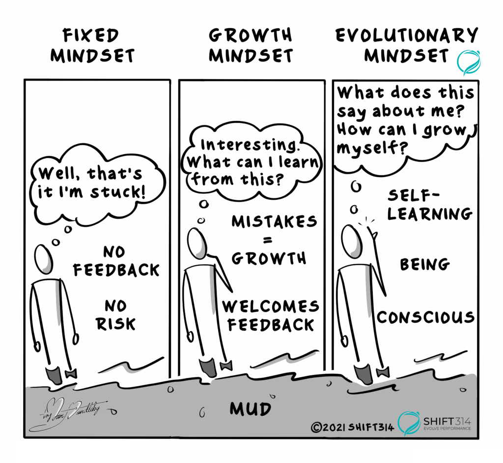 Diagram of "fixed mindset" "growth mindset" and "evolutionary mindset"